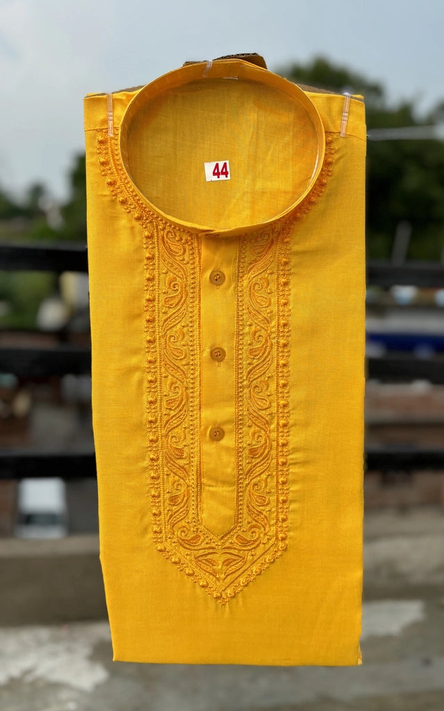 Cotton Embroidered Kurta for Men (Yellow)