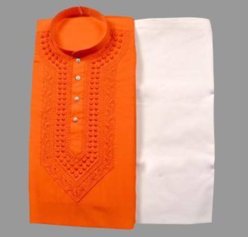 Cotton Embroidered Kurta with Pyjama for Men (Orange & White)