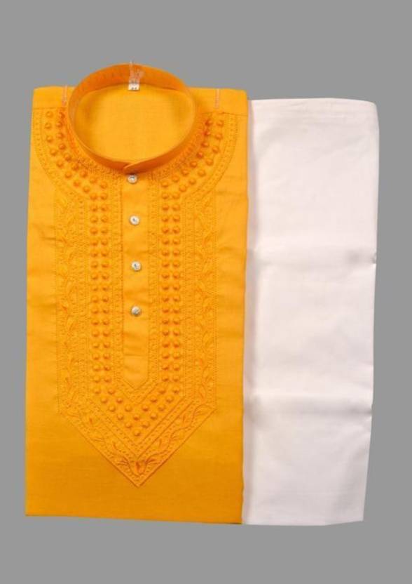 Cotton Embroidered Kurta with Pyjama for Men (Yellow & White)